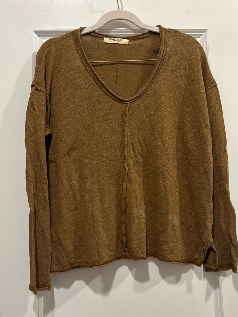 Project Social T Olive-Brown V-Neck Long Sleeve Top XS